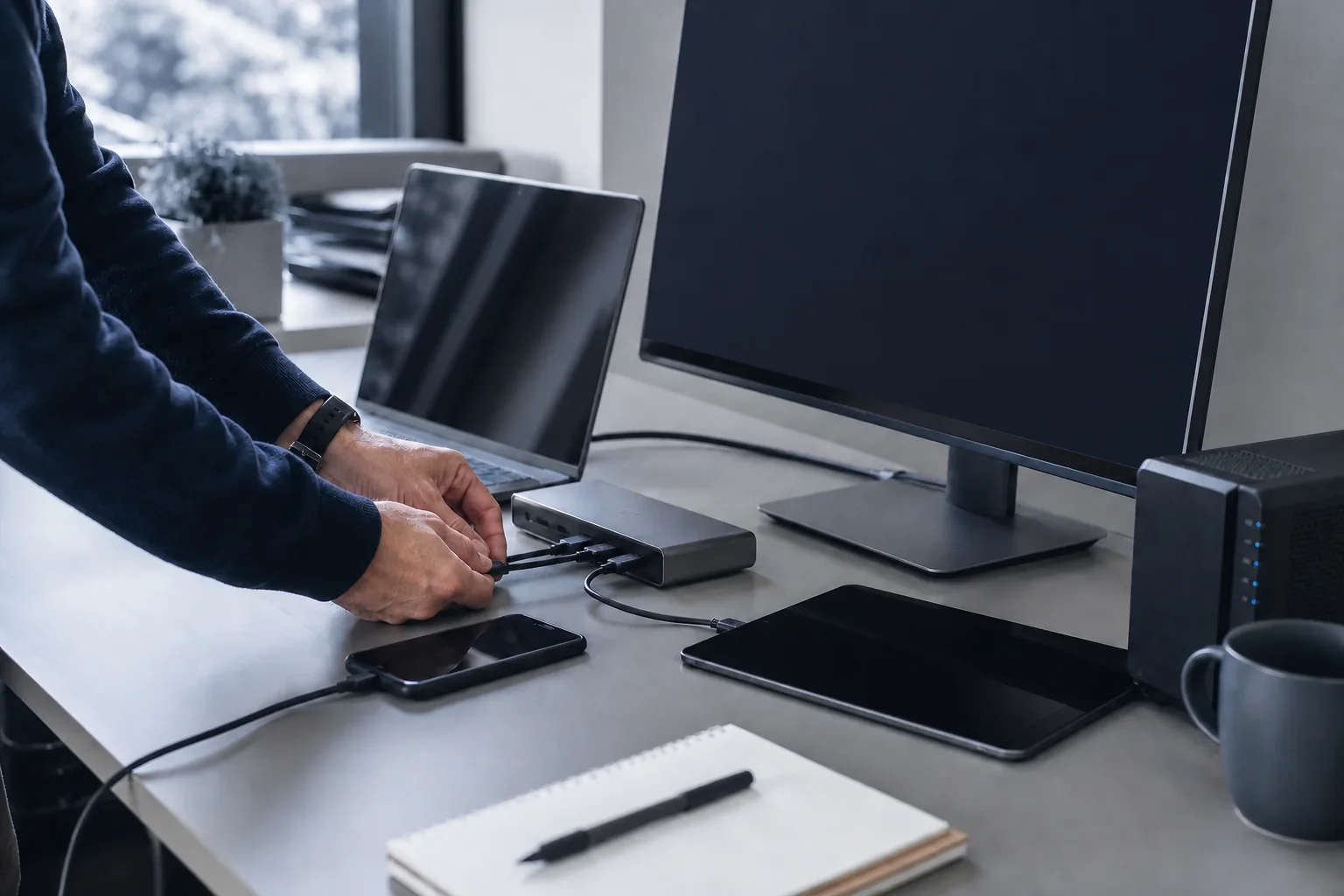 Business computers and mobile devices being prepared at a workstation