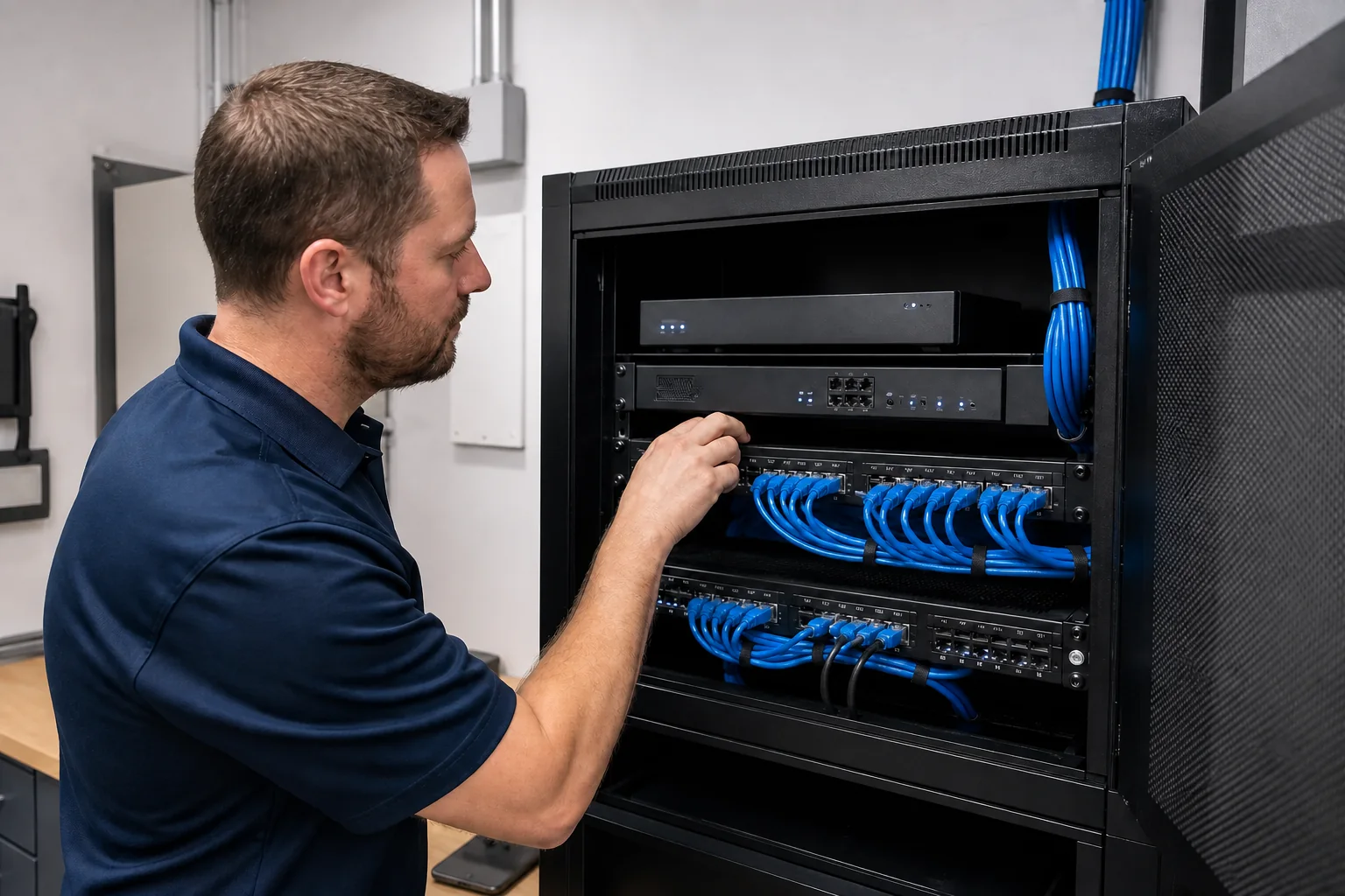 A technician checking a small-business network cabinet