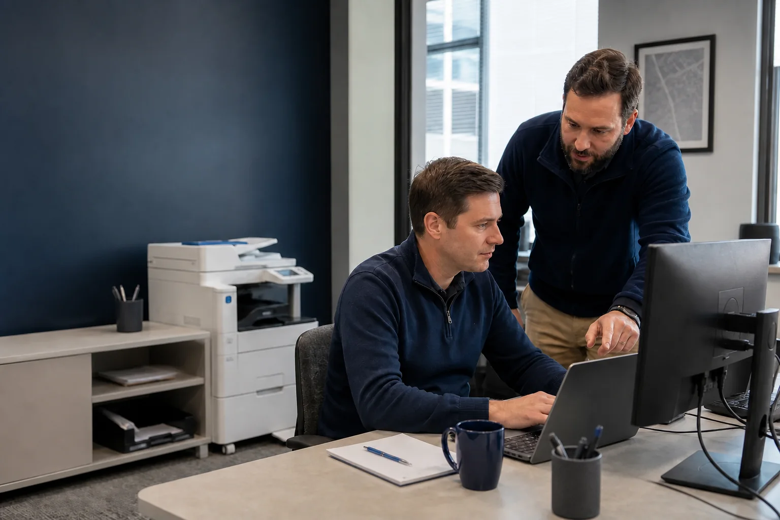 An IT technician helping an employee at a small-business workstation